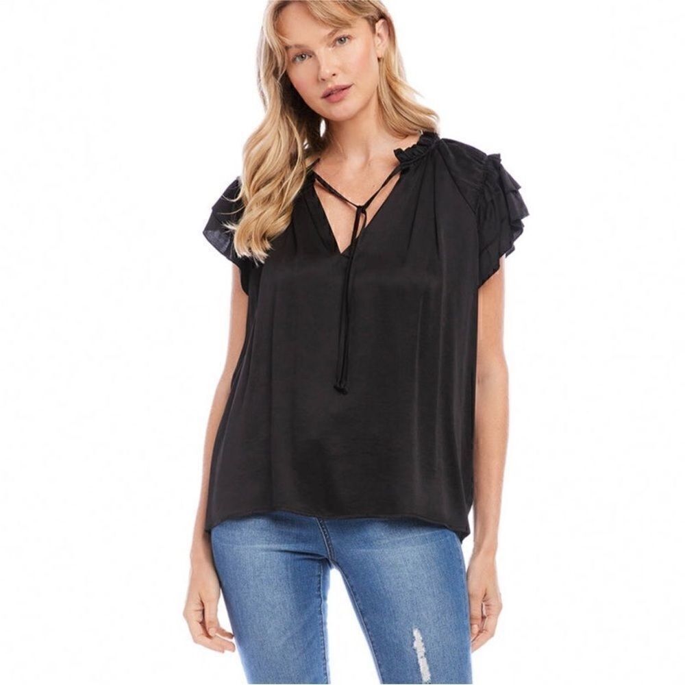 KAREN KANE NWT flutter sleeve ruffle top in Black Size Small
